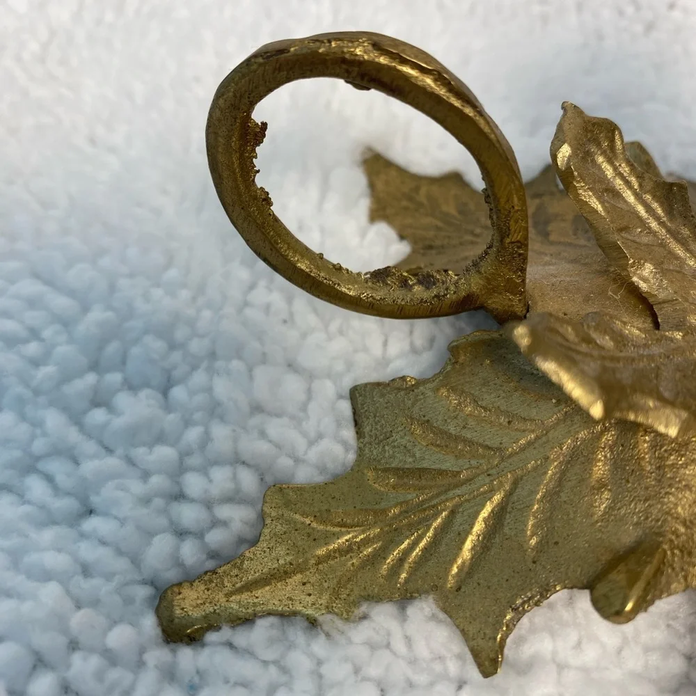 Set of Two Vintage Solid Brass Holly Leaf Candlestick Holders